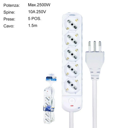 Universal Power Strip 3/4/5/6 Outlets White SCHUKO Bipasso 10A/16A with Switch Plug 10A Cable 1.5m Max 2500W 250V