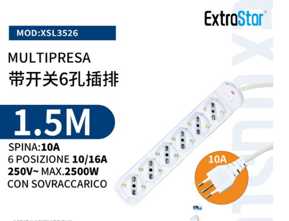 Universal Power Strip 3/4/5/6 Outlets White SCHUKO Bipasso 10A/16A with Switch Plug 10A Cable 1.5m Max 2500W 250V