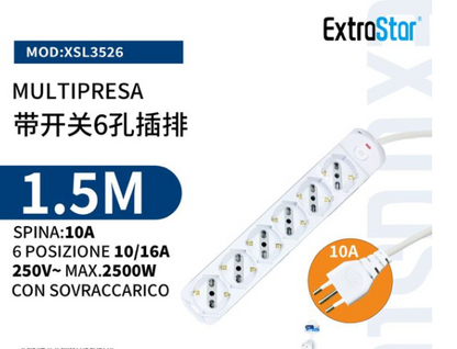 Universal Power Strip 3/4/5/6 Outlets White SCHUKO Bipasso 10A/16A with Switch Plug 10A Cable 1.5m Max 2500W 250V