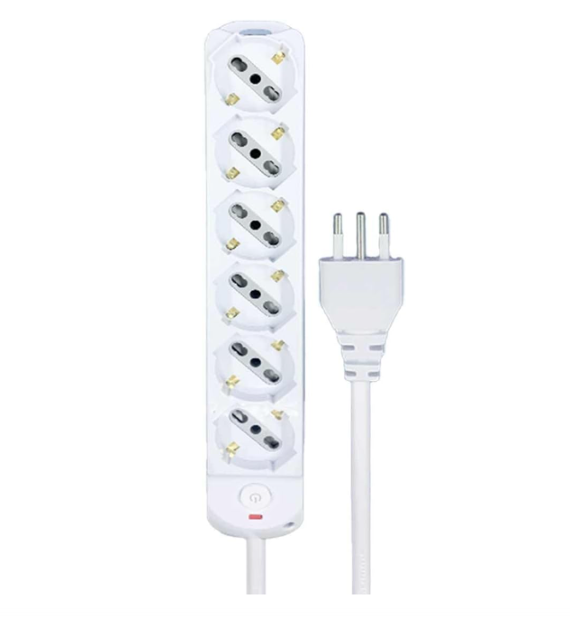 Universal Power Strip 3/4/5/6 Outlets White SCHUKO Bipasso 10A/16A with Switch Plug 10A Cable 1.5m Max 2500W 250V