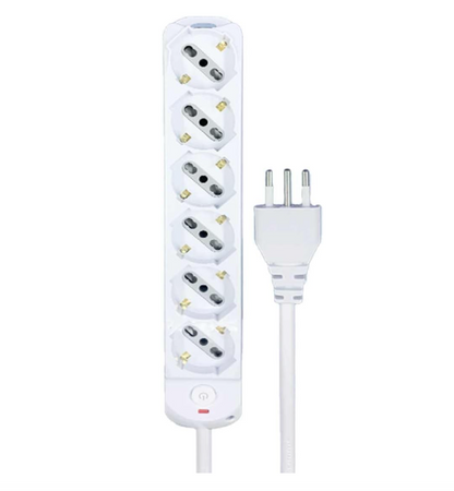 Universal Power Strip 3/4/5/6 Outlets White SCHUKO Bipasso 10A/16A with Switch Plug 10A Cable 1.5m Max 2500W 250V
