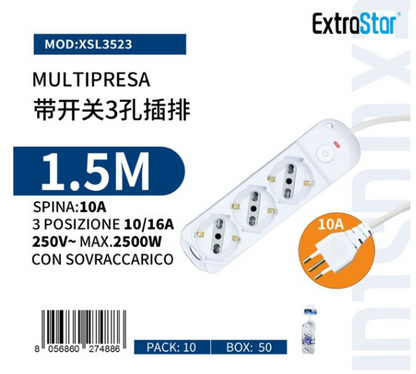 Universal Power Strip 3/4/5/6 Outlets White SCHUKO Bipasso 10A/16A with Switch Plug 10A Cable 1.5m Max 2500W 250V