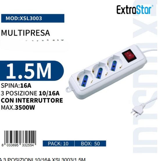 Ciabatta Multipresa Elettrica con 3/4/5/6 Posti Schuko Interruttore Accensione Bianca Pratica Cavo 1.5M Spina 16A