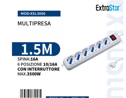 Ciabatta Multipresa Elettrica con 3/4/5/6 Posti Schuko Interruttore Accensione Bianca Pratica Cavo 1.5M Spina 16A
