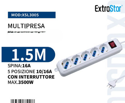 Ciabatta Multipresa Elettrica con 3/4/5/6 Posti Schuko Interruttore Accensione Bianca Pratica Cavo 1.5M Spina 16A