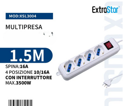 Ciabatta Multipresa Elettrica con 3/4/5/6 Posti Schuko Interruttore Accensione Bianca Pratica Cavo 1.5M Spina 16A
