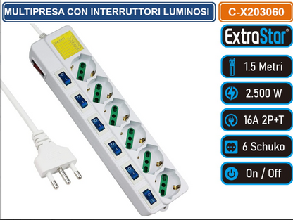Ciabatta Multipresa a 4/5/6 Posti Spina Bipasso Schuko 10-16A con Interruttori Luminosi e Cavo 1.5m SPINA 16A per Uso Domestico
