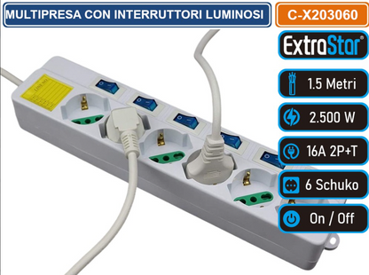 Ciabatta Multipresa a 4/5/6 Posti Spina Bipasso Schuko 10-16A con Interruttori Luminosi e Cavo 1.5m SPINA 16A per Uso Domestico