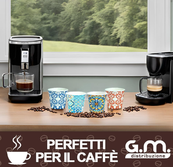 Bicchieri da Caffè in Carta 2000PZ con Grafiche Maioliche, 75 ml, Biodegradabili Biocompostabili, Usa e Getta, 4 Colorazioni, Ideale per Casa, Ufficio, Asporto Bevande Calde