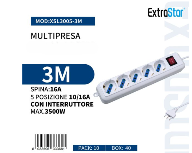 Ciabatta Multipresa Elettrica con 3/4/5/6 Posti Schuko Interruttore Accensione Bianca Pratica Cavo 3M Spina 16A