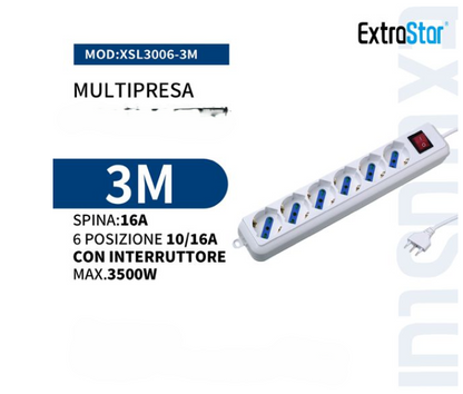 Ciabatta Multipresa Elettrica con 3/4/5/6 Posti Schuko Interruttore Accensione Bianca Pratica Cavo 3M Spina 16A
