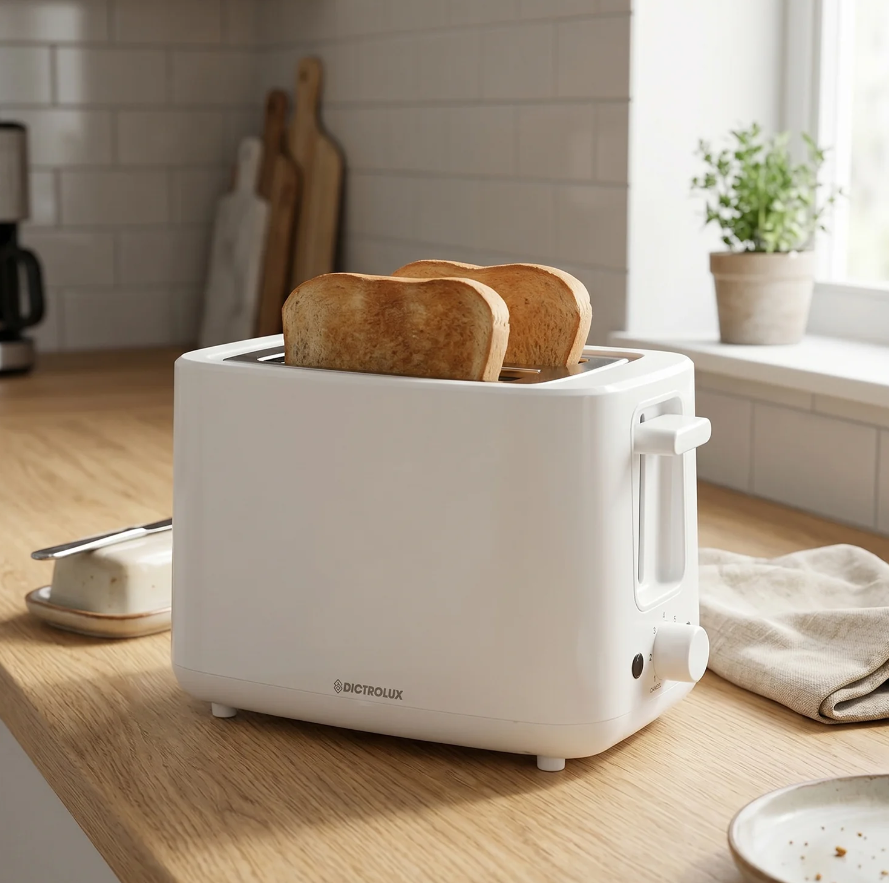 Dictrolux Tostapane Elettrico 2 Fette Bianco 760 Watt con Timer e Scongelamento 7 Livelli di Regolazione e Sistema Pop-up Automatico