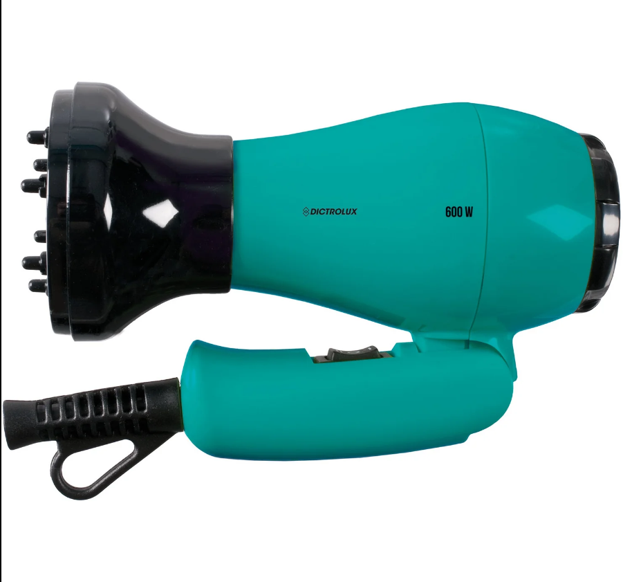 Dictrolux Foldable Travel Hair Dryer 600 Watt with DC Motor 2 Speed Settings Cool Shot Nozzle and Diffuser Included