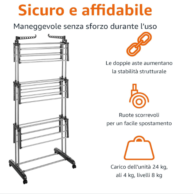 Stendino a Torre Salvaspazio con Ali Richiudibili e Ruote 160x50x77 per balcone