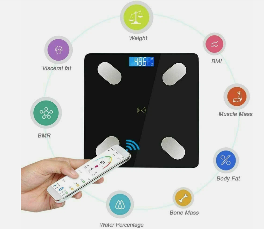 Bilancia Smart in Vetro Bluetooth con Tecnologia Bluetooth e Vetro Temperato Nero Portata 180 kg Display LCD 4 Sensori Analisi Benessere Ultra Sottile 2,2 cm