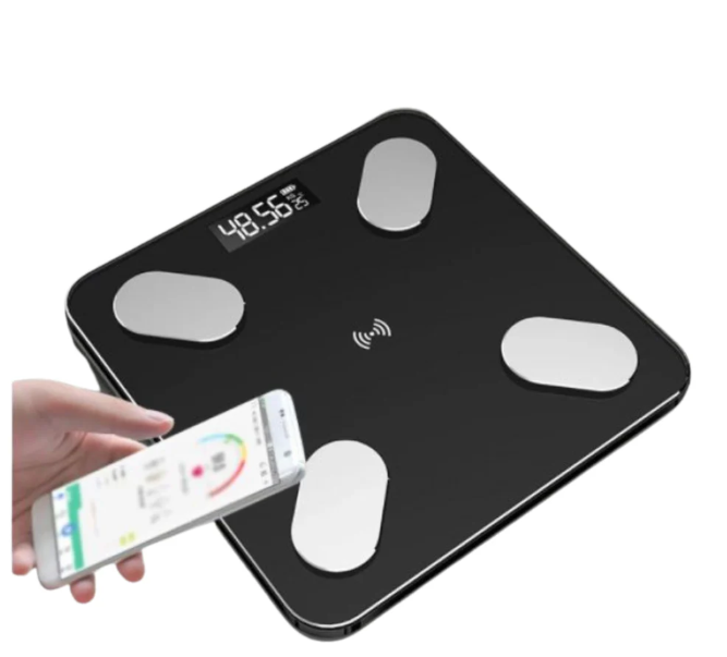 Bilancia Smart in Vetro Bluetooth con Tecnologia Bluetooth e Vetro Temperato Nero Portata 180 kg Display LCD 4 Sensori Analisi Benessere Ultra Sottile 2,2 cm