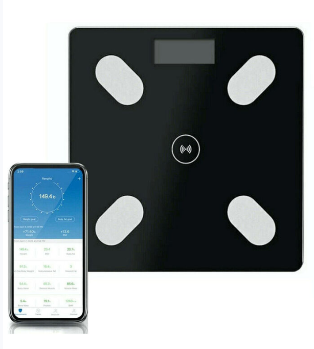 Bilancia Smart in Vetro Bluetooth con Tecnologia Bluetooth e Vetro Temperato Nero Portata 180 kg Display LCD 4 Sensori Analisi Benessere Ultra Sottile 2,2 cm