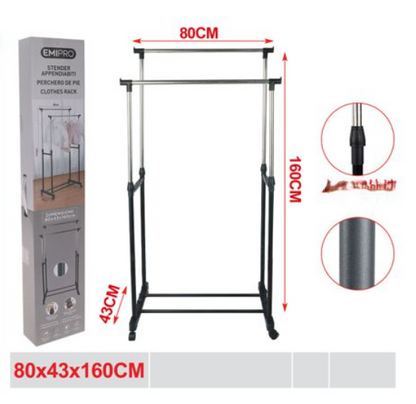 Multi-Purpose Metal Coat Rack, Clothes Rack with Wheels, Double Garment Rack with Adjustable Height, 80x43x160 cm