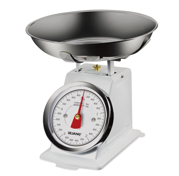 Bilancia da cucina analogica Silvano, bilancia alimentare multifunzione, design retrò, alta precisione, capacità massima di 30 kg, ciotola in acciaio inox inclusa, pulizia semplice