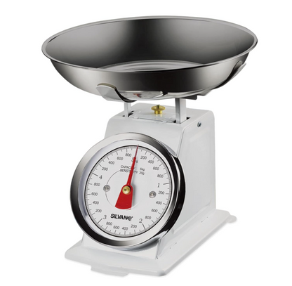 Bilancia da cucina analogica Silvano, bilancia alimentare multifunzione, design retrò, alta precisione, capacità massima di 30 kg, ciotola in acciaio inox inclusa, pulizia semplice