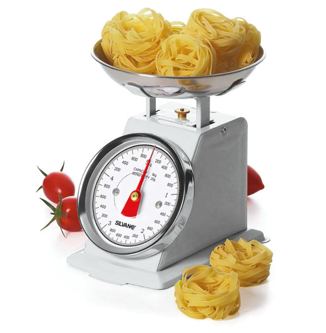 Bilancia da cucina analogica Silvano, bilancia alimentare multifunzione, design retrò, alta precisione, capacità massima di 30 kg, ciotola in acciaio inox inclusa, pulizia semplice