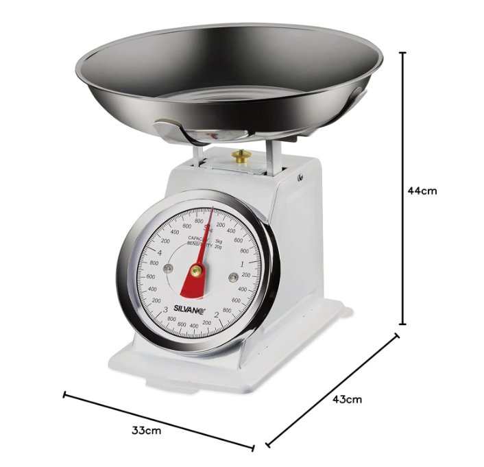 Bilancia da cucina analogica Silvano, bilancia alimentare multifunzione, design retrò, alta precisione, capacità massima di 30 kg, ciotola in acciaio inox inclusa, pulizia semplice