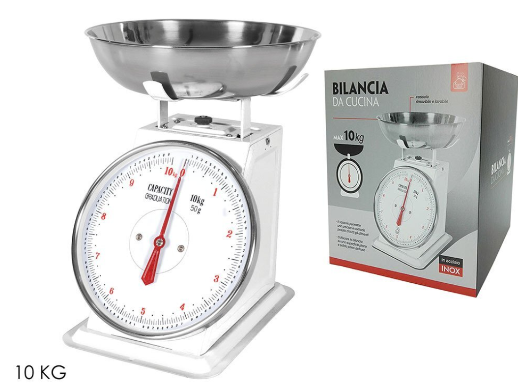 Bilancia da cucina analogica Silvano, bilancia alimentare multifunzione, design retrò, alta precisione, capacità massima di 30 kg, ciotola in acciaio inox inclusa, pulizia semplice