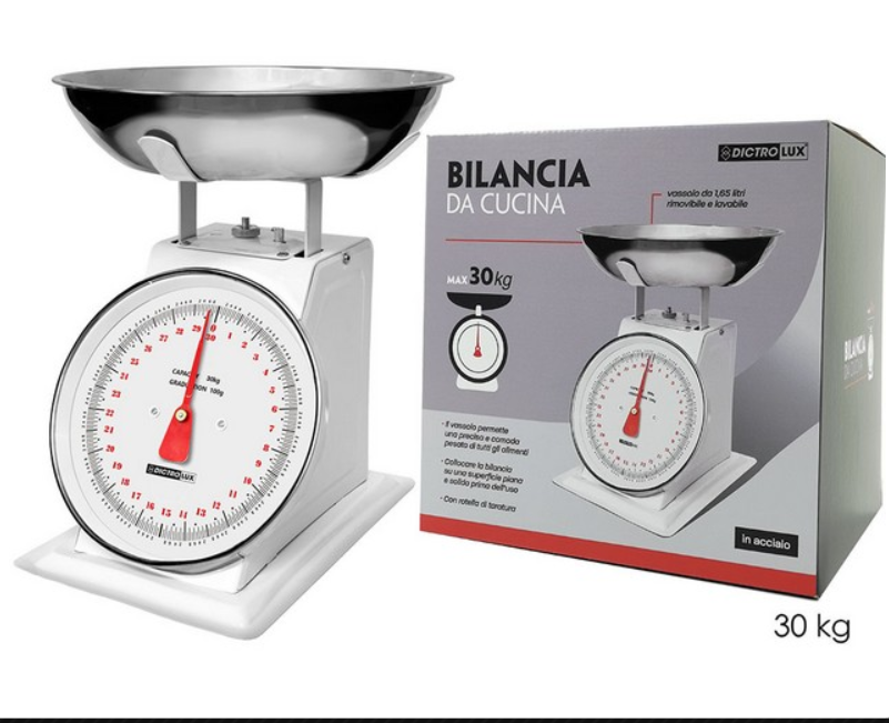 Bilancia da cucina analogica Silvano, bilancia alimentare multifunzione, design retrò, alta precisione, capacità massima di 30 kg, ciotola in acciaio inox inclusa, pulizia semplice