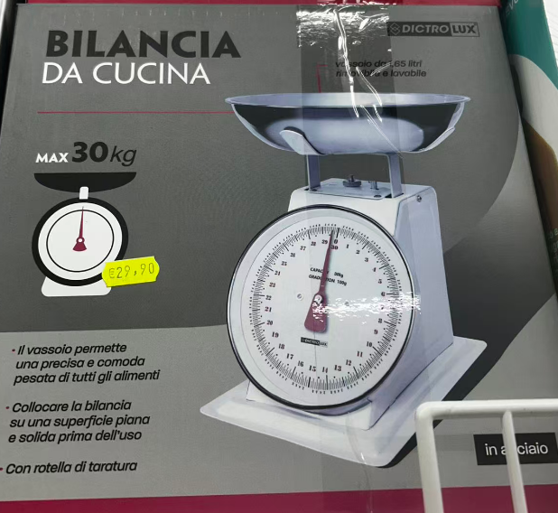 Bilancia da cucina analogica Silvano, bilancia alimentare multifunzione, design retrò, alta precisione, capacità massima di 30 kg, ciotola in acciaio inox inclusa, pulizia semplice