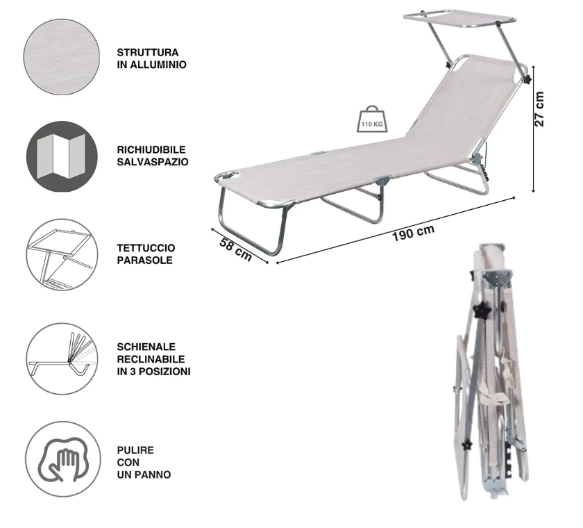 Portofino Esté Lettino Mare Richiudibile 55*188*25/73 cm Blu/Beige Capacità 110 kg Ideale per Spiagge e Parchi