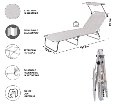 Portofino Esté Lettino Mare Richiudibile 55*188*25/73 cm Blu/Beige Capacità 110 kg Ideale per Spiagge e Parchi
