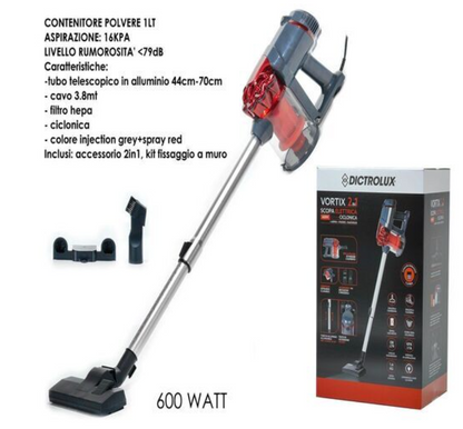 Scopa Elettrica Ciclonica 2in1 Vortix 600 Watt con 4 Velocità Pulse Serbatoio 1500 ml Lame in Acciaio Inox Ultra Leggera 1,6 Kg