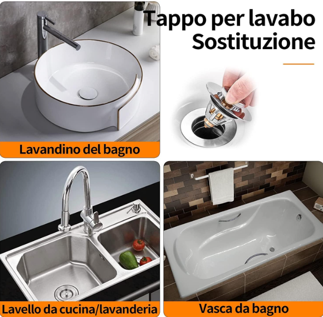 Tappo Lavandino Bagno Cucina, Pop Up Click Clack, Universale Per Foro Scarico 34-42mm