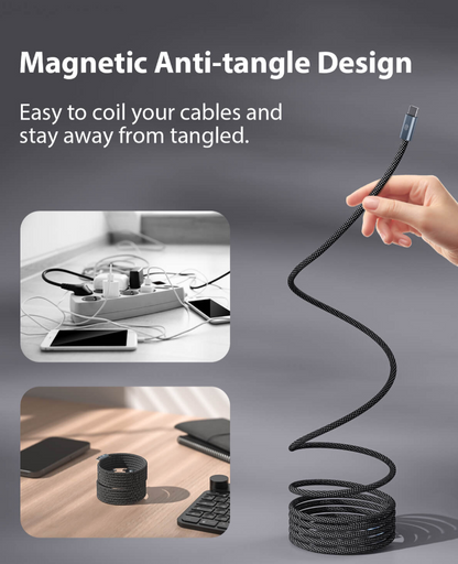 Cavo Magnetico Auto-avvolgente 60W/30W C-C a C-IPHONE Ricarica Ultra-rapida PD2.0-3.1 con Protezione OTP/OCP e Trasferimento Dati 480 Mbps