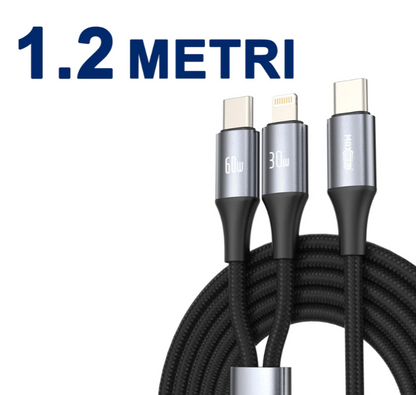 Multi Cavo di Ricarica 3 in 1 – Lightning + Micro USB + USB-C-Cavo USB-C 2 in 1 – Doppia Uscita USB-C 60W + Lightning 30W