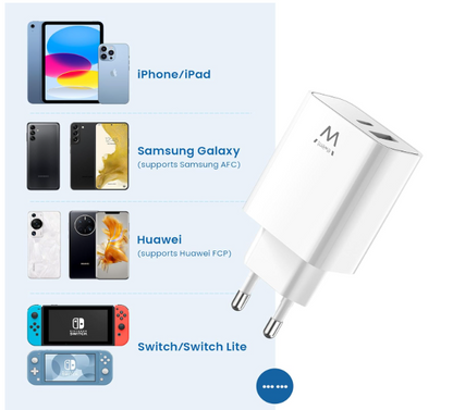 Caricatore Rapido 35W USB-C Power Delivery + USB-A QC3.0 per iPhone e Android Doppia Porta Tecnologia PPS Compatto da Viaggio Carica Veloce e Efficiente