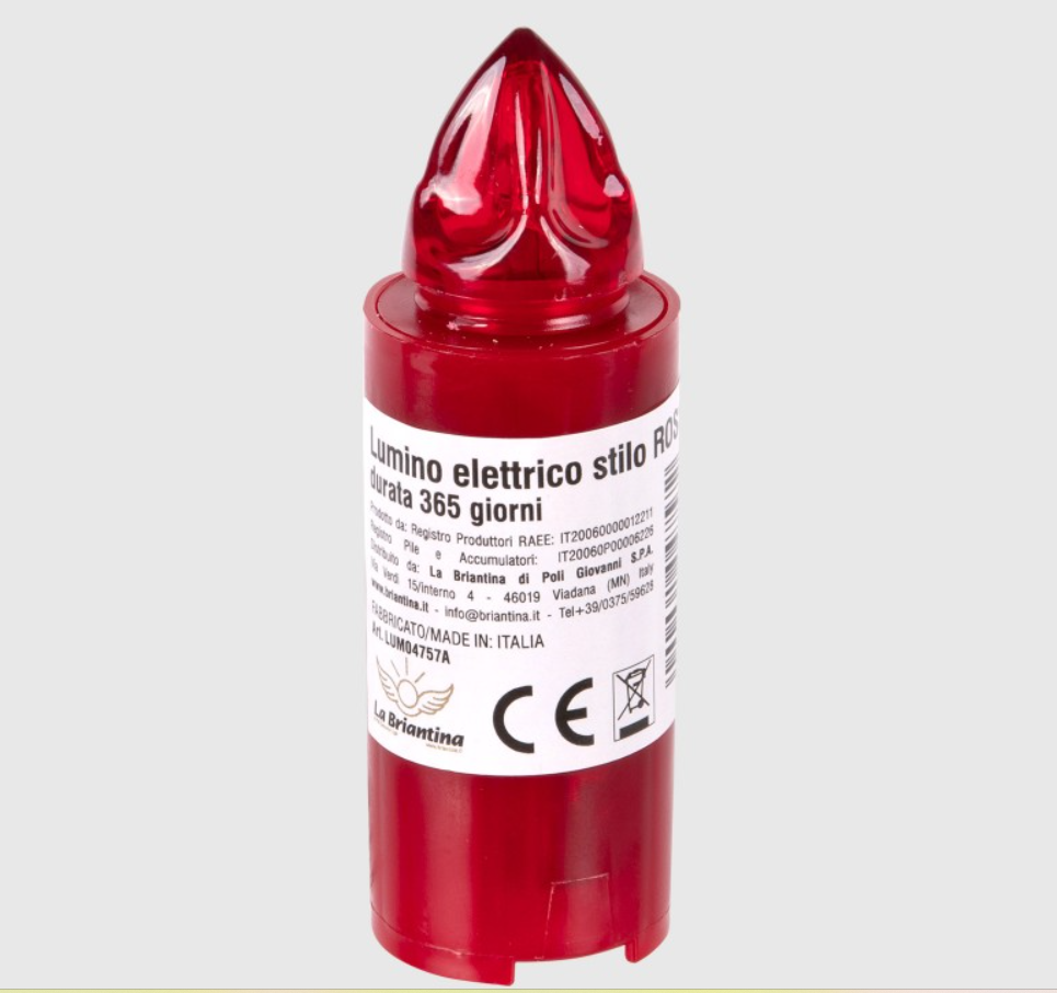 Lumini Stilo Rosso/bianco  365 gg Lumino elettrico di colore rosso per loculo mortuario, luce rossa intermittente. Lumino a batteria, usa e getta. Molto resistente alle intemperie, quindi perfetto anche da esterno