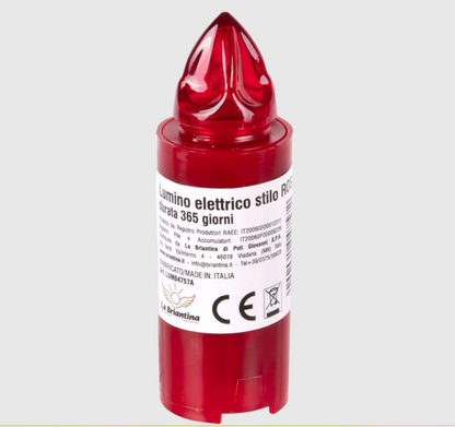 Lumini Stilo Rosso/bianco  365 gg Lumino elettrico di colore rosso per loculo mortuario, luce rossa intermittente. Lumino a batteria, usa e getta. Molto resistente alle intemperie, quindi perfetto anche da esterno
