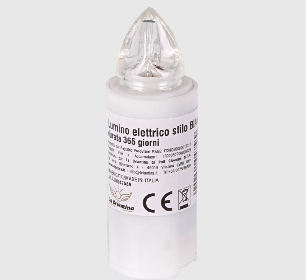 Lumini Stilo Rosso/bianco  365 gg Lumino elettrico di colore rosso per loculo mortuario, luce rossa intermittente. Lumino a batteria, usa e getta. Molto resistente alle intemperie, quindi perfetto anche da esterno