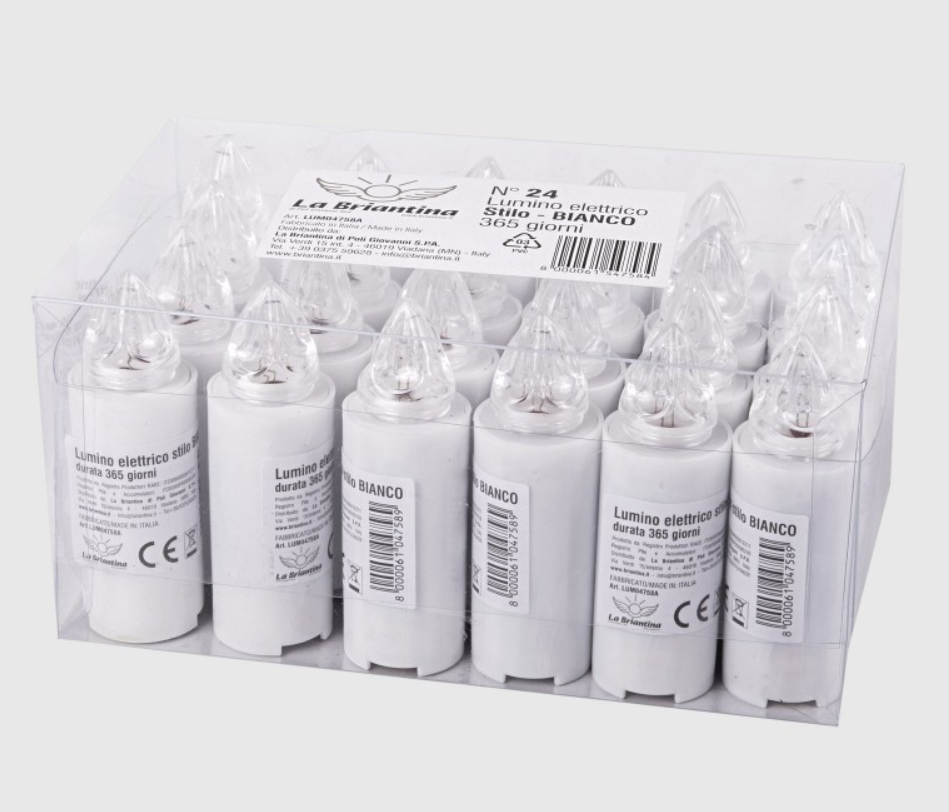 Lumini Stilo Rosso/bianco  365 gg Lumino elettrico di colore rosso per loculo mortuario, luce rossa intermittente. Lumino a batteria, usa e getta. Molto resistente alle intemperie, quindi perfetto anche da esterno