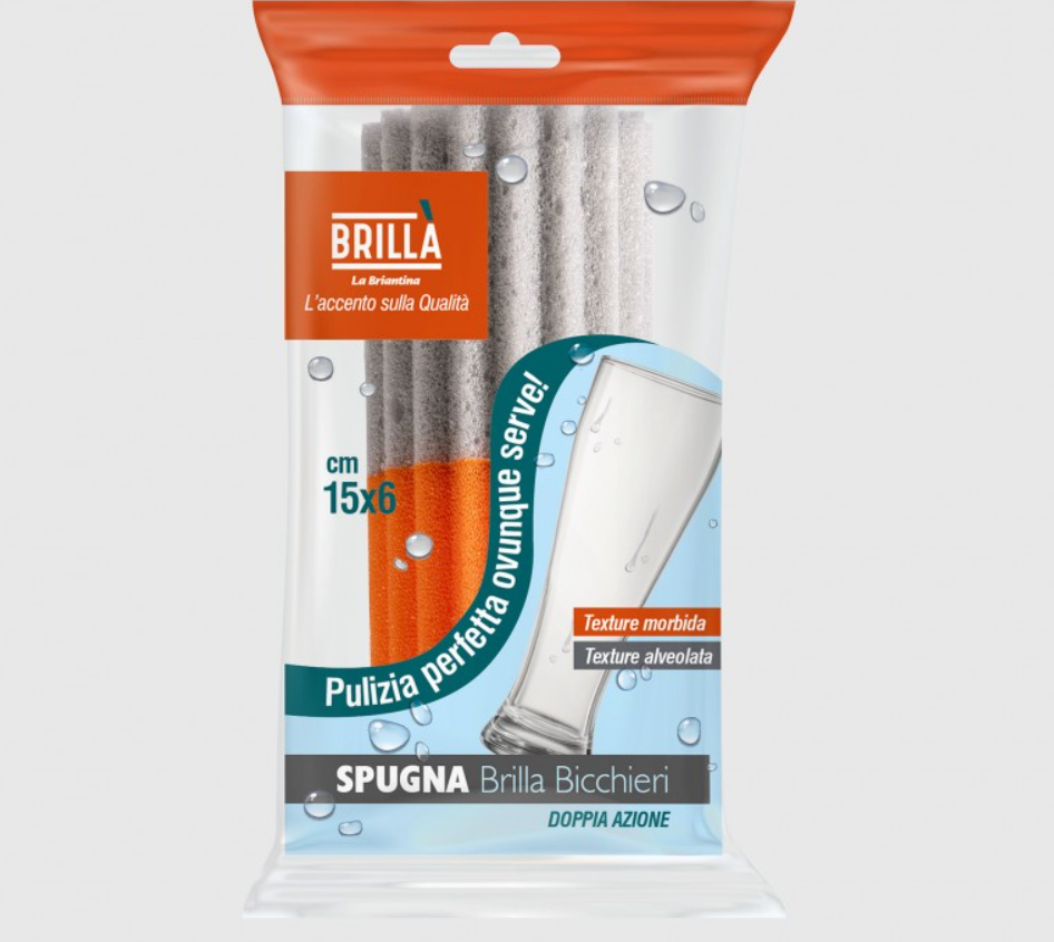 Spugna Brillà Bicchieri è realizzata in 100% poliuretano ed è particolarmente indicata per la pulizia di bicchieri lunghi grazie alla sua forma che consente di raggiungere facilmente in fondo