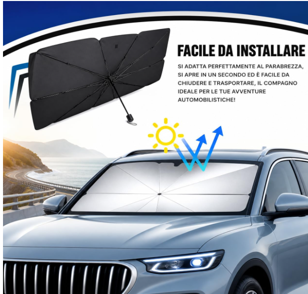 Parasole Auto Parabrezza Interno Pieghevole Blocca 99.9% Raggi UV per Auto SUV Camion Autocarri 140x79cm/125*69cm Protezione Solare Efficiente