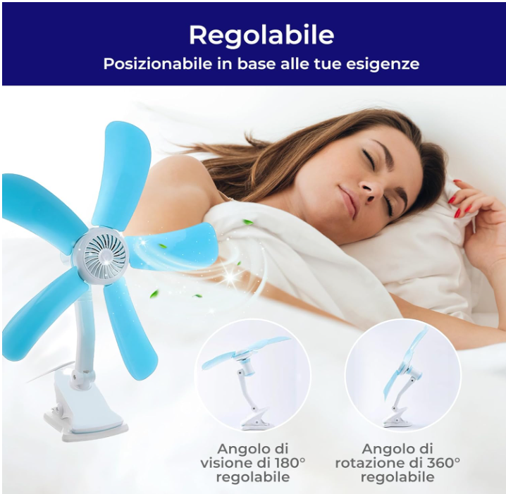 Piccolo Ventilatore elettrico con Pinza e Doppio Snodo dotato di 5 Pale per Tavolo Scrivania Casa Letto Ufficio 39*H48CM