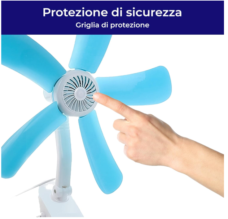 Piccolo Ventilatore elettrico con Pinza e Doppio Snodo dotato di 5 Pale per Tavolo Scrivania Casa Letto Ufficio 39*H48CM