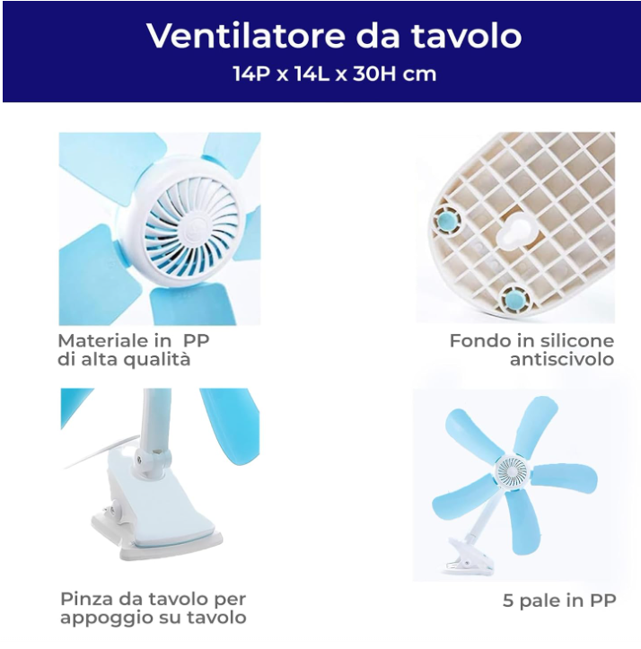 Piccolo Ventilatore elettrico con Pinza e Doppio Snodo dotato di 5 Pale per Tavolo Scrivania Casa Letto Ufficio 39*H48CM