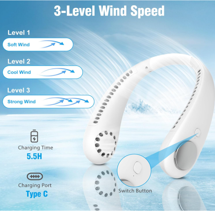 VENTILATORE COLLO SENZA PALE PORTATILE RICARICABILE ARIA USB 3 Velocità Ricaricabile Silenzioso Potente per Ufficio Viaggi Sport  6*h21cm