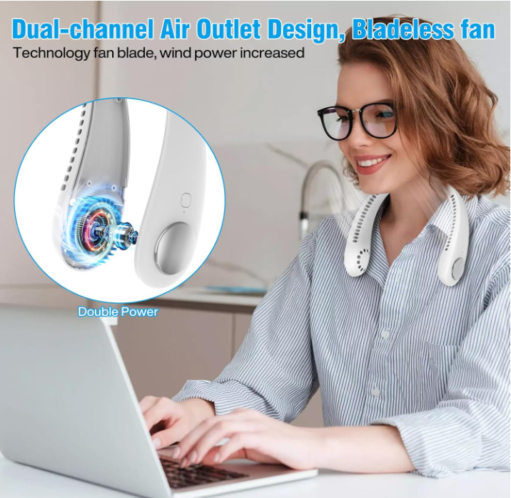 VENTILATORE COLLO SENZA PALE PORTATILE RICARICABILE ARIA USB 3 Velocità Ricaricabile Silenzioso Potente per Ufficio Viaggi Sport  6*h21cm