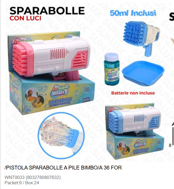 Le Super Bolle Pistola Elettrica per Bolle di Sapone a 36 Fori Blu/Rosa Giocattolo per Bambini Batterie Non Incluse