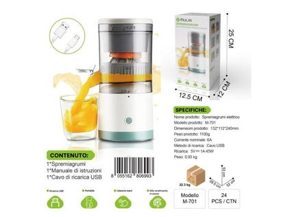 Spremiagrumi Elettrico con Motore Potente e Cavo di Ricarica USB per Succhi di Frutta Fresca e Saporiti