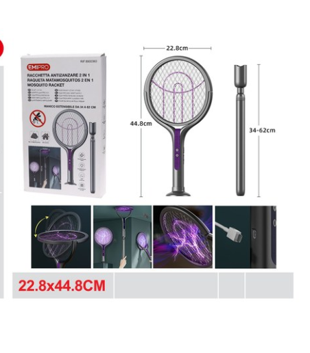 Scacciamosche elettrico con testa rotante e bacchetta telescopica di estensione, ricaricabile tramite USB, racchetta elettrica per zanzare per interni ed esterni, controllo insetti e ragni zanzare